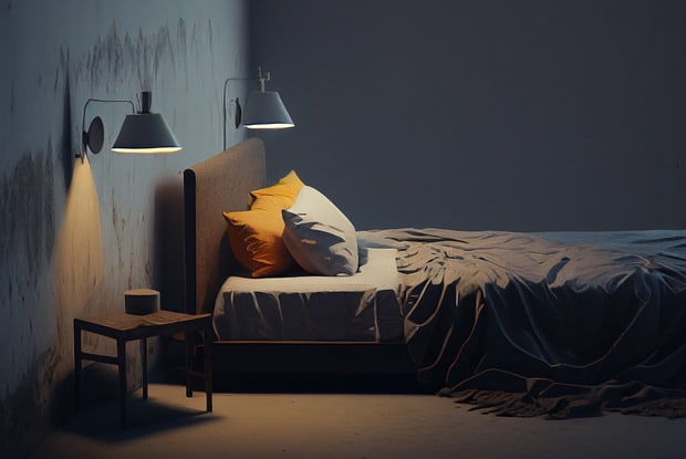 a bed with a light illuminated on the covers