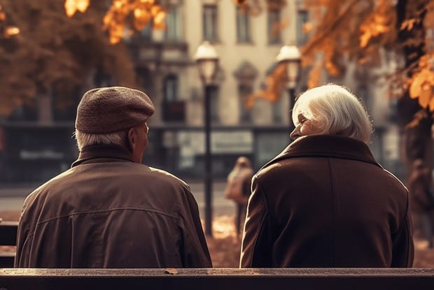 two older people sitting on a bench