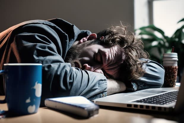 a man falling asleep at his desk