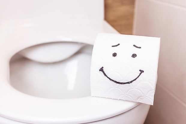 Toilet paper smiling slightly on toilet