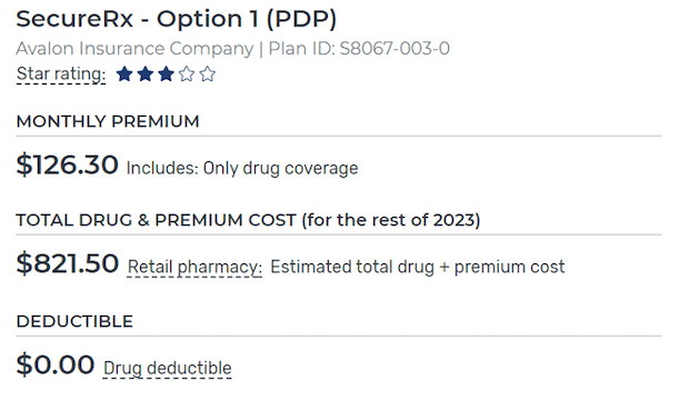 Price breakdown for Eliquis under the SecureRx Medicare Part D plan from Avalon Insurance Company