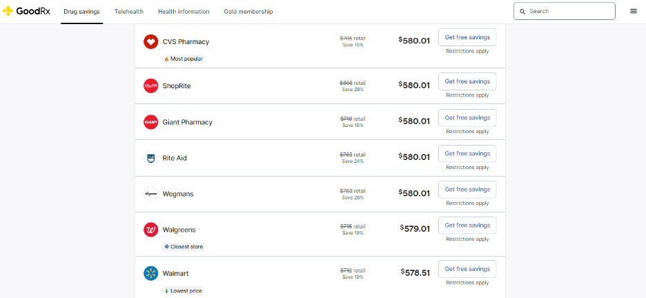 GoodRx pricing for Jardiance at various pharmacies in the United States