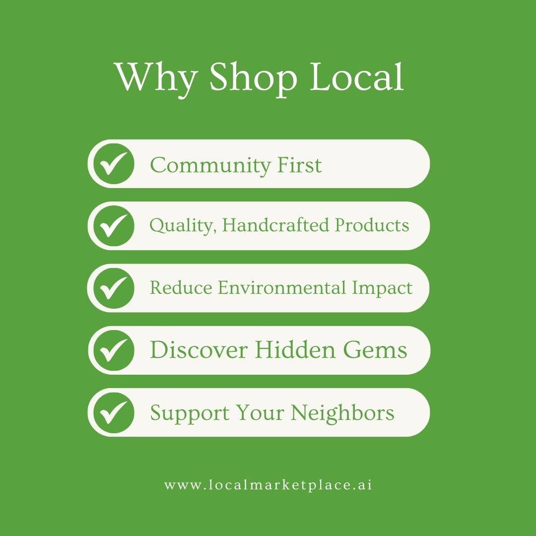 Green graphic with the headline "Why Shop Local" followed by five checkmarked items: Community First, Quality Handcrafted Products, Reduce Environmental Impact, Discover Hidden Gems, and Support Your Neighbors