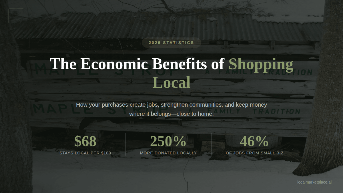 Blog header for 'The Economic Benefits of Shopping Local' featuring a rustic maple syrup shack with 'A Family Tradition' sign. Statistics highlighted: $68 stays local per $100 spent, small businesses donate 250% more locally, and 46% of jobs come from small businesses