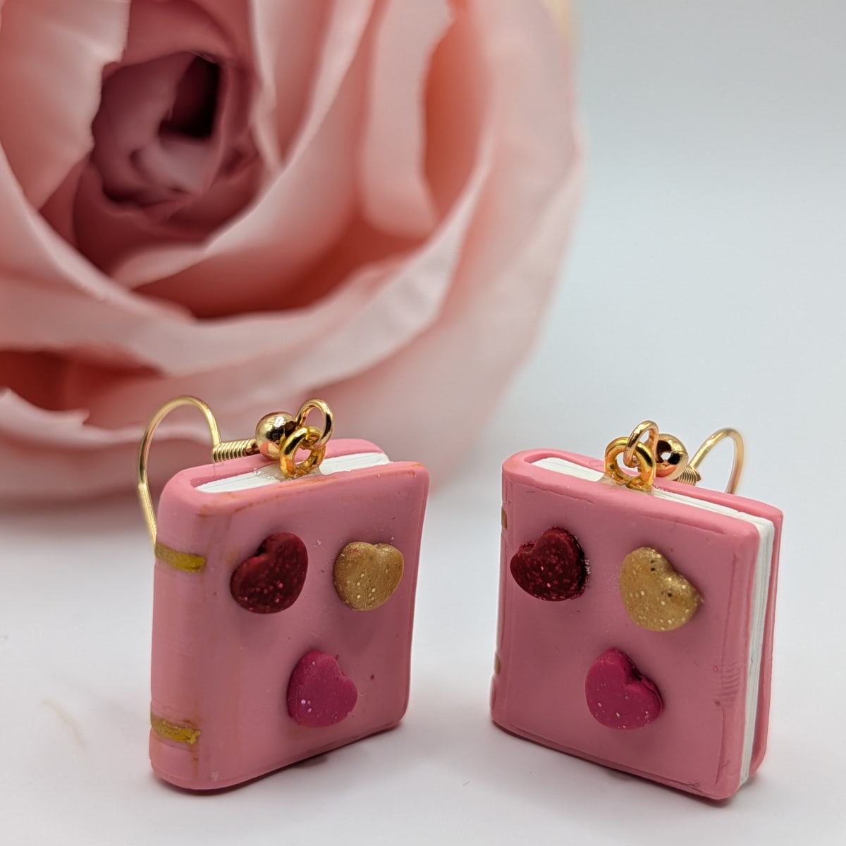 Valentine Book Earrings, Heart Details, 18k Gold Plated Hooks, Book Lover Jewelry