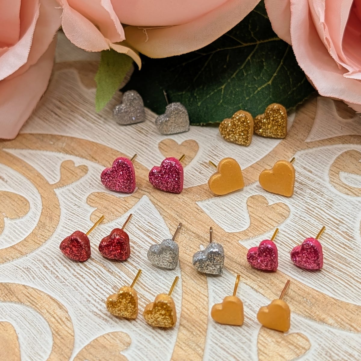 Glitter Heart Stud Earrings, Hypoallergenic Polymer Clay Earrings in Pink Red Silver or Gold