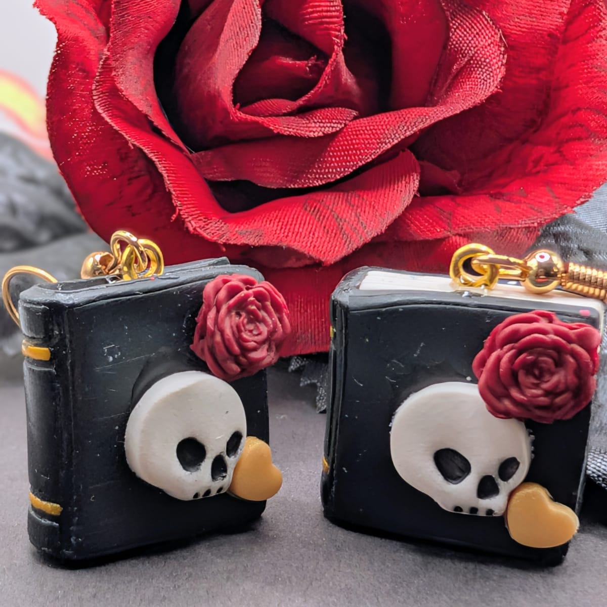 Dark Romance Book Earrings, Skull Rose Heart, Hypoallergenic Polymer Clay Earrings