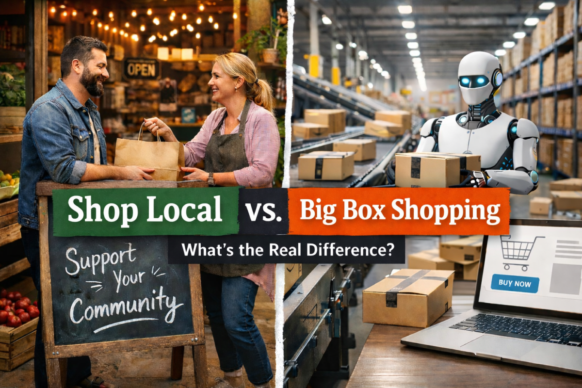Split image comparing local online shopping and big box shopping, with a community-focused local business on one side and a robot handling packages in a large automated warehouse labeled Big Box Shopping on the other.
