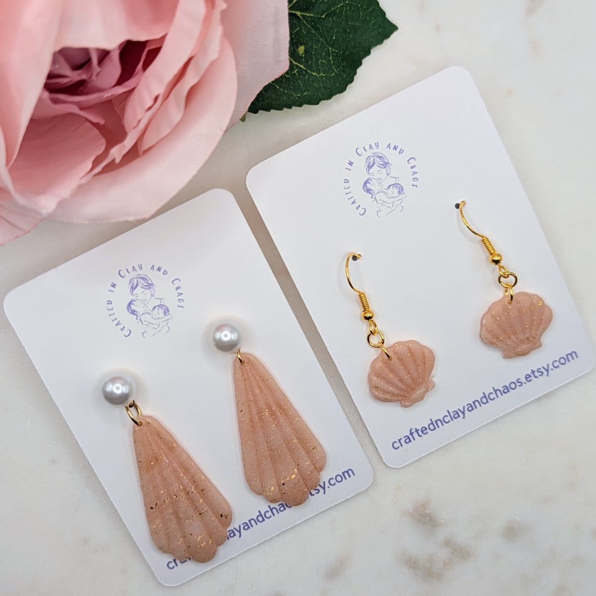 Rose Gold Shell Earrings, Translucent Polymer Clay Earrings with Pearl Option