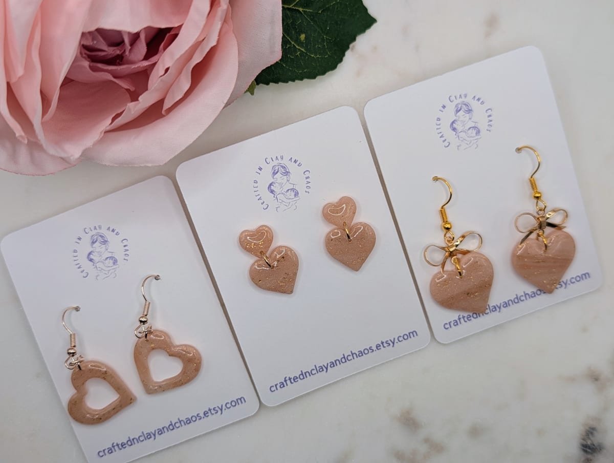 Rose Gold Heart Earrings, Translucent Polymer Clay Earrings, Lightweight Hypoallergenic Nickel Free Romantic Jewelry