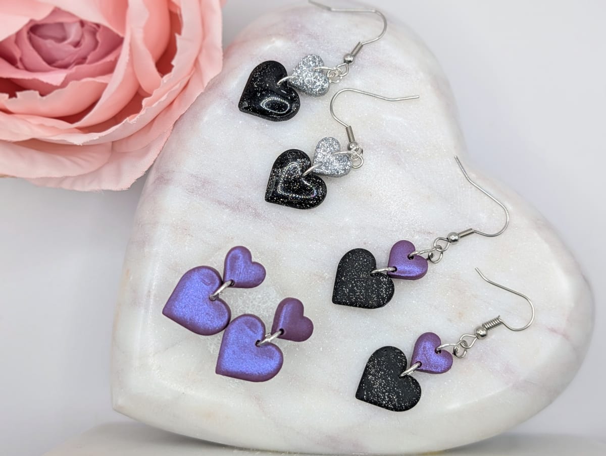 Double Heart Earrings, Handmade Glitter Polymer Clay Drops with Edgy Chic Style and Unique Valentine Colors