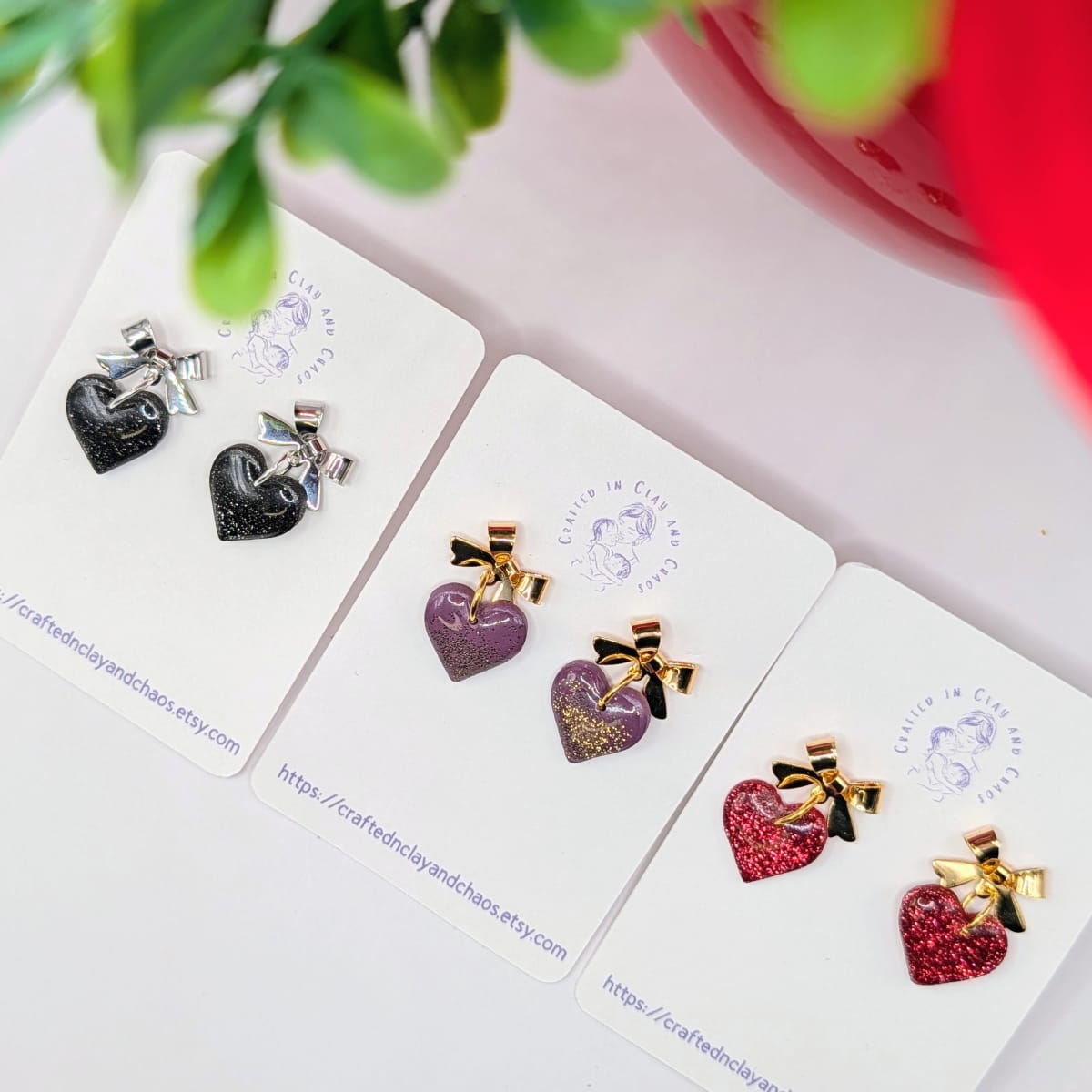 Glitter Bow Heart Earrings, Lightweight Resin Heart Earrings for Valentine’s Day, Cute Statement Earrings