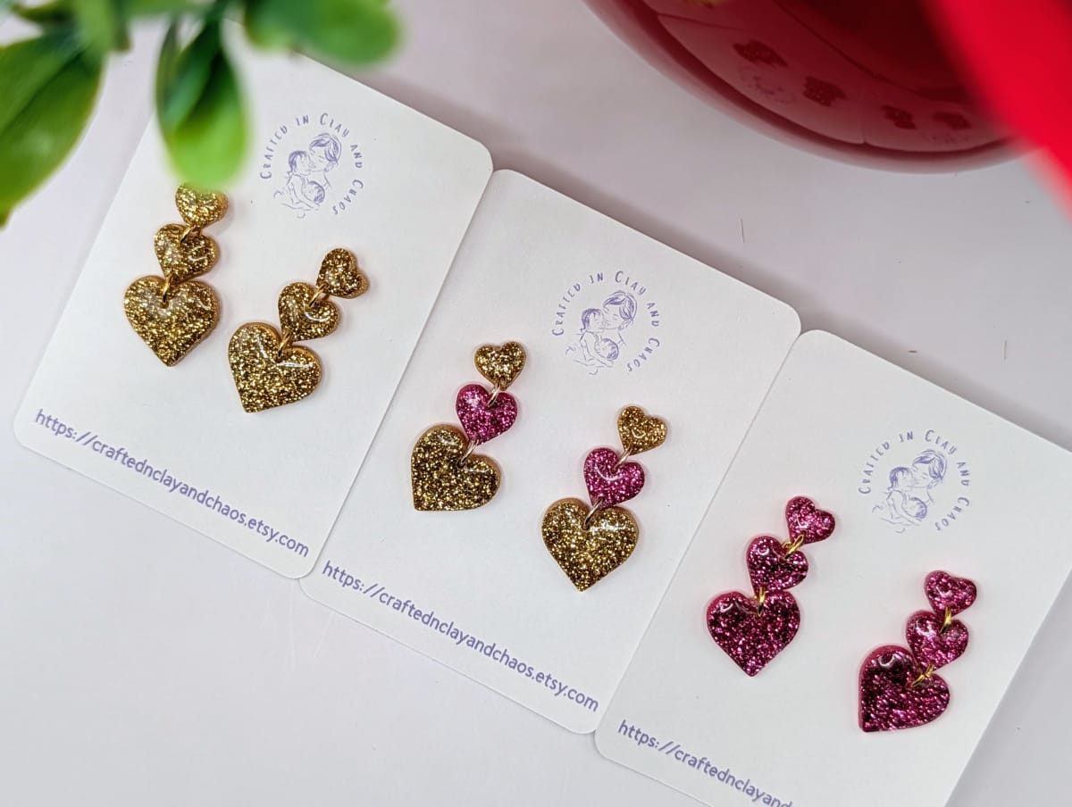 Triple Stacked Heart Drop Earrings, Lightweight Glitter Resin Statement Earrings for Valentine’s and Galentine’s