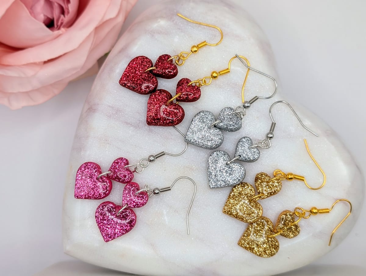 Stacked Double Heart Glitter Earrings, Lightweight Resin Statement Earrings for Valentine’s and Galentine’s Looks