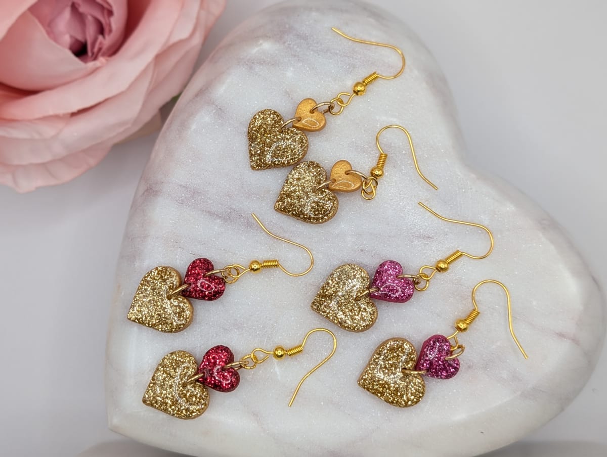 Two Tone Stacked Heart Drop Earrings, Lightweight Glitter Resin Statement Earrings for Valentine’s and Galentine’s