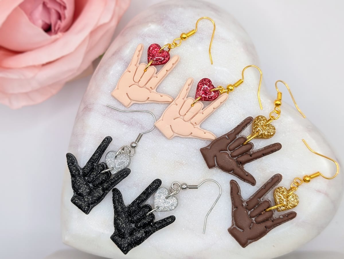 ASL I Love You Polymer Clay Earrings, Handmade Deaf Pride Statement Jewelry with Glitter Heart