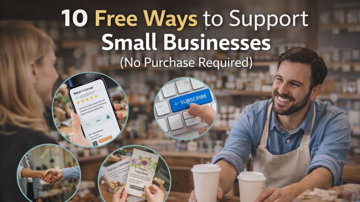 Graphic showing a smiling small business owner serving coffee with icons representing reviews, subscribing, sharing, and community support. Text reads: ‘10 Free Ways to Support Small Businesses (No Purchase Required)