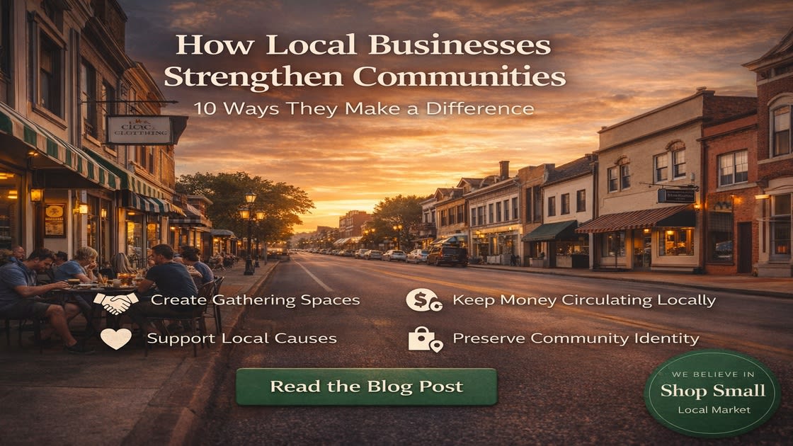 Small-town main street at sunset with local shops and people dining outdoors, overlaid with text about how local businesses strengthen communities and a “Read the Blog Post” button.