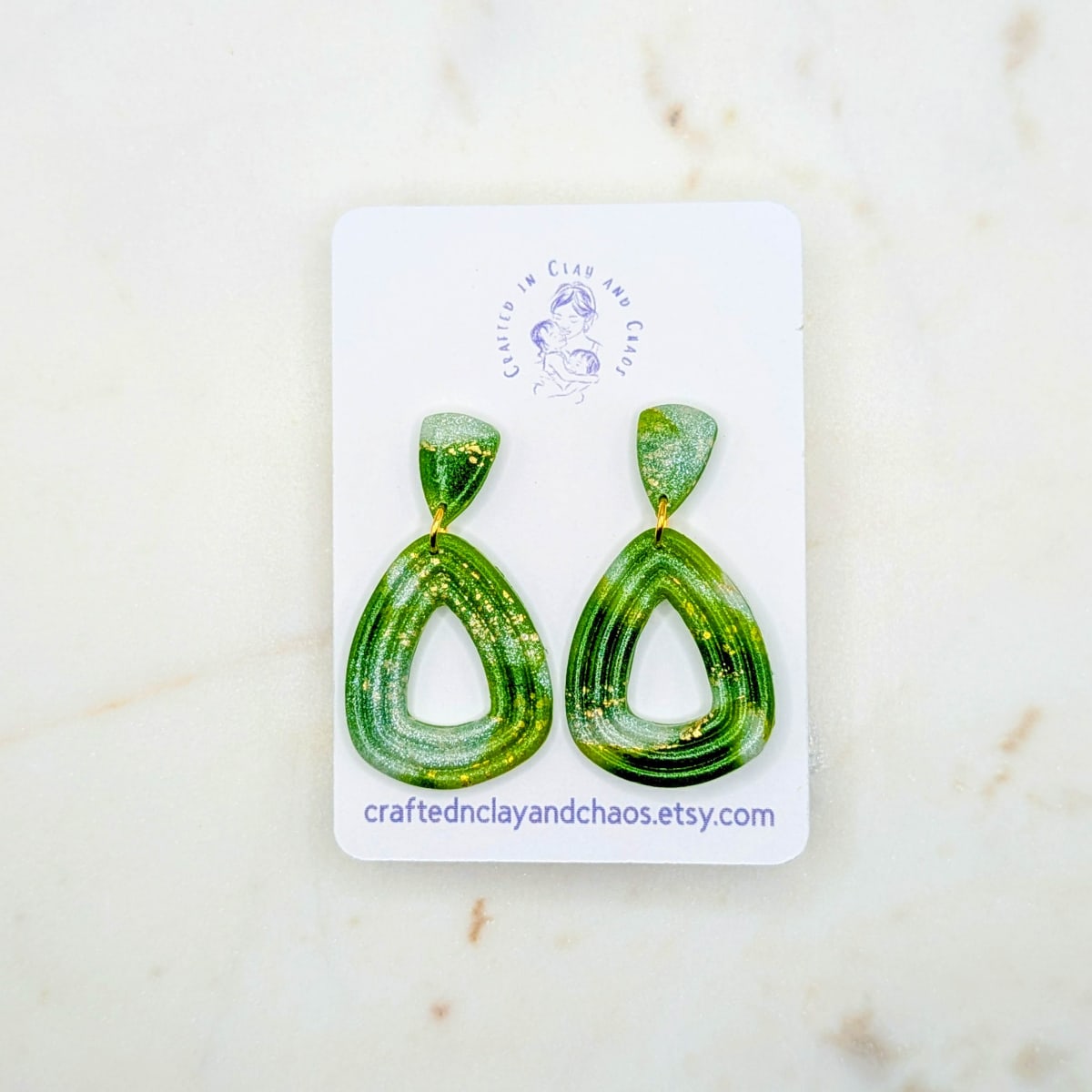 Lightweight Green Polymer Clay Earrings with Gold Foil, Modern Earthy Statement Drops