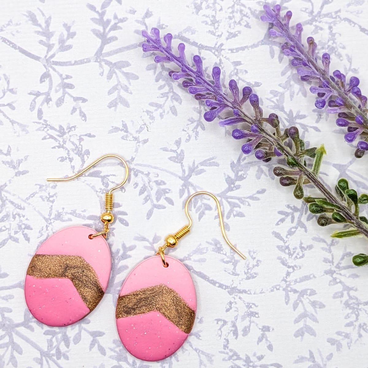 Easter Egg Pink Clay Earrings, Whimsical Oval Spring Earrings with Gold Hooks