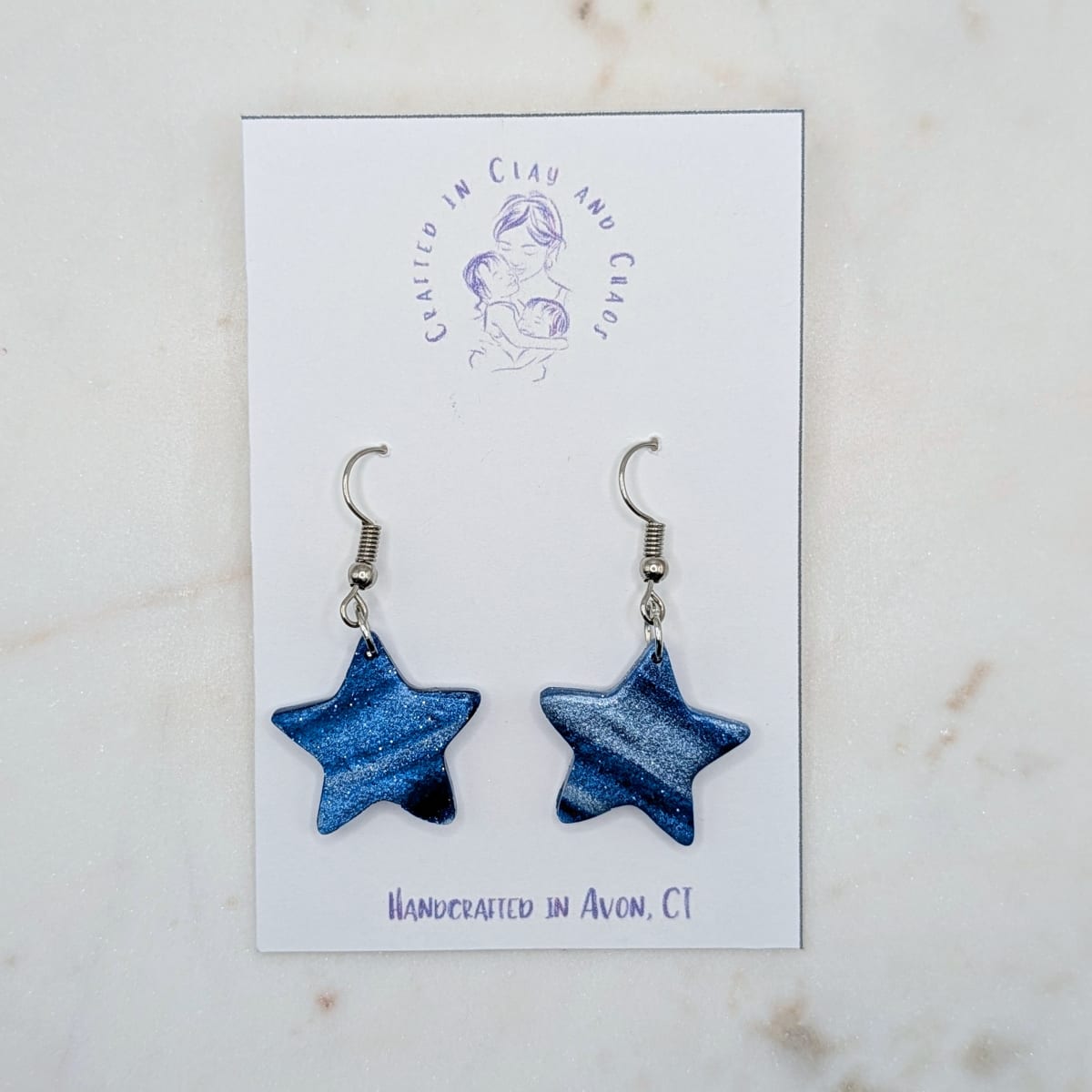 Blue Star Dangle Earrings, Celestial Polymer Clay Earrings, Lightweight Handmade Everyday Jewelry