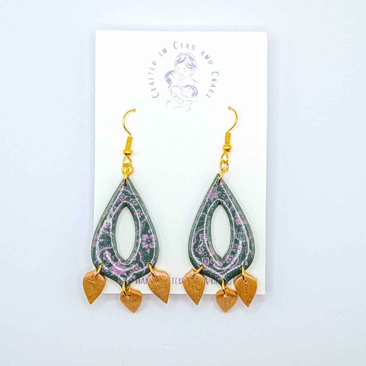 Gold Leaf Polymer Clay Dangle Earrings, Moroccan Style Handmade Jewelry