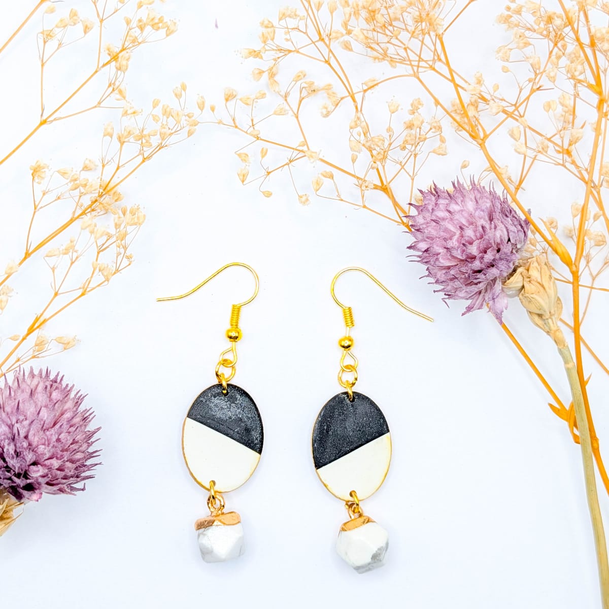 Black and White Oval Clay Earrings: Lightweight Modern Everyday Pair