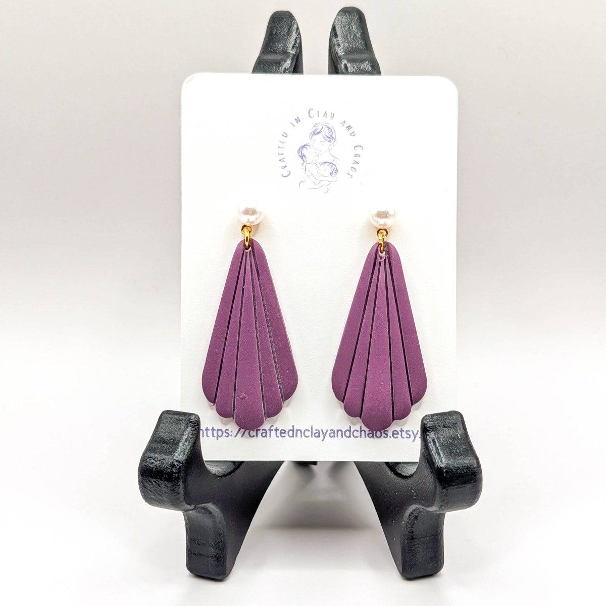 Plum Scalloped Fan Earrings with Pearl Studs, Lightweight Polymer Clay Statement Earrings