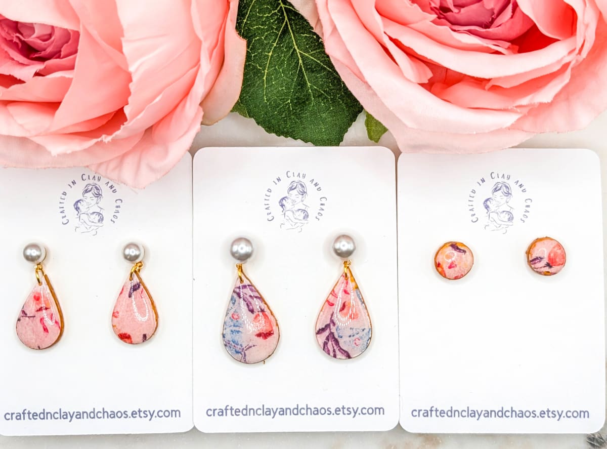Floral Polymer Clay Earrings with Pearl Detail, One of a Kind Lightweight Statement Earrings