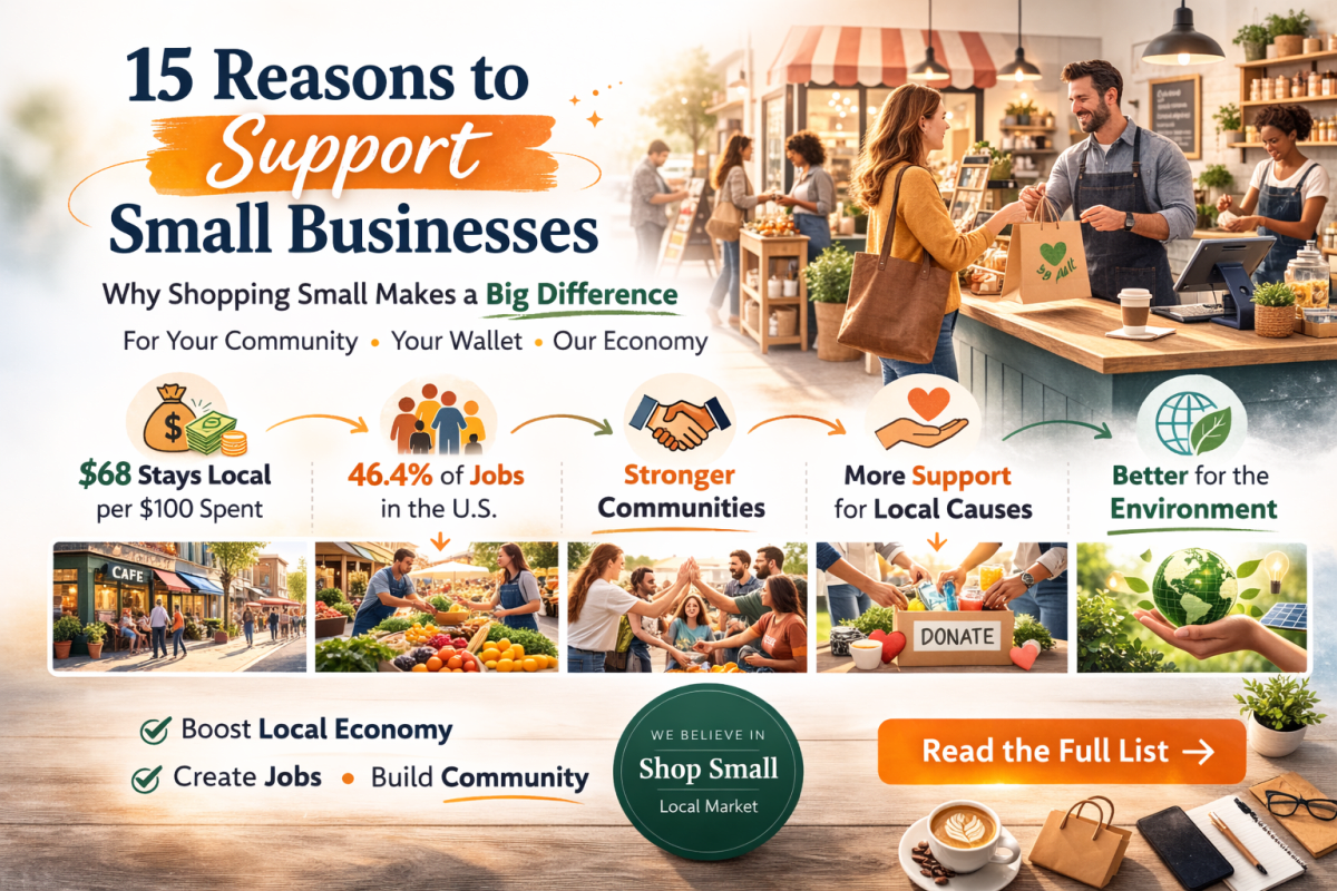 Infographic titled "15 Reasons to Support Small Businesses" highlighting that $68 of every $100 spent stays local, small businesses provide 46.4% of U.S. jobs, and they strengthen communities, support local causes, and benefit the environment. Includes photos of a woman shopping at a local market and small business scenes.