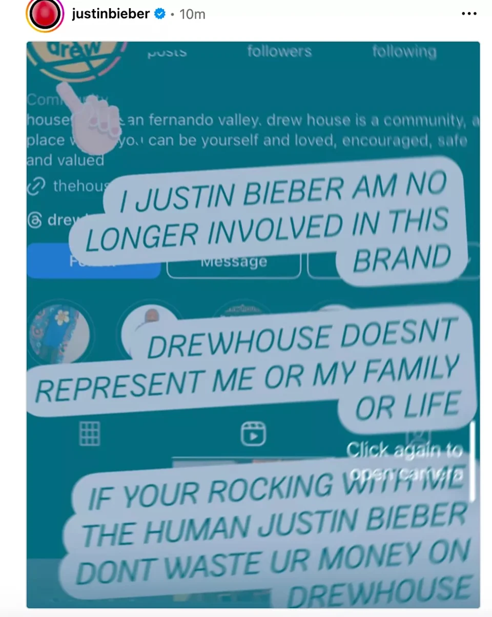 Justin Bieber đăng story tuyên bố rời bỏ thương hiệu Drew House tháng 4/2025