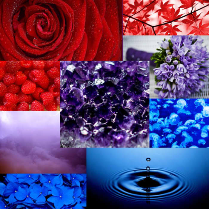 Mood board with red, blue and purple pictures to depict the relation between these colours.