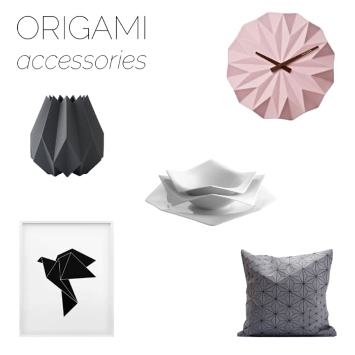 Moodboard of accessories with origami-inpired design. Moodboard of accessories with origami-inpired design.