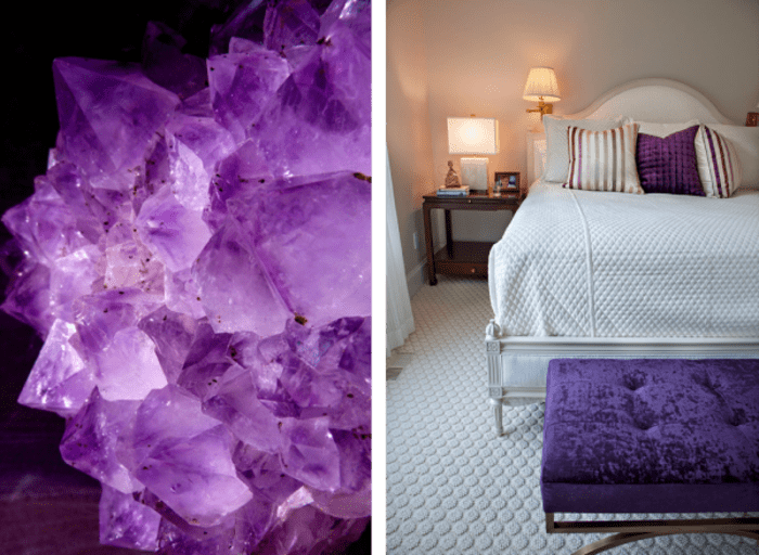 Uses of violet and white in nature and in interiors. Nature: violet crystal. Interior: white bedroom with violet decorative pillows and bed bench.