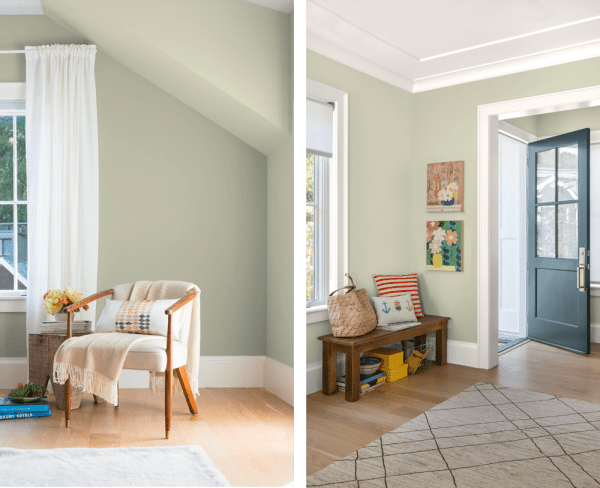 A living room and an entryway. All walls are painted in Bahia Grass (2018 colour of the year by Kelly Moore Paints). The rustic wooden seats, together with the colourful art pieces and the cushions set a rustic and playful style for both spaces.