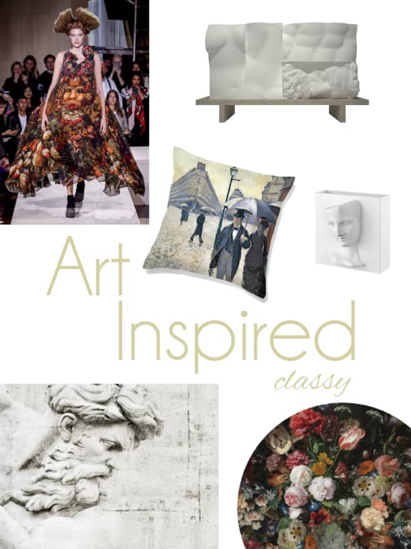 Art-inspired classy mood board: a selection of furniture and accessories.