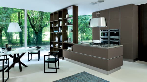 Open bookshelf room divider between kitchen and dining area, great example of biophilic design.