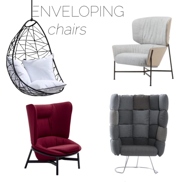 Selection of enveloping armchairs, great option to create a refuge area in a biophilic design.