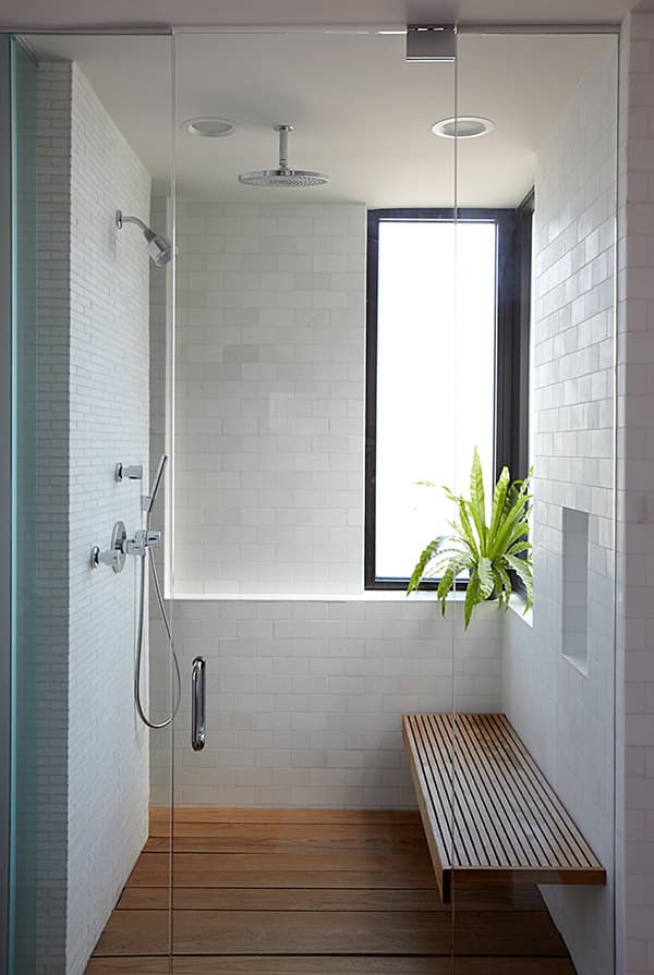 Walk-in shower, great option to create a refuge area in a biophilic design.