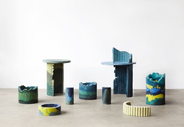 Charlotte Kidger recycled plastic vases and tables.