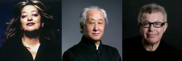 Photos of Zaha Hadid, Arata Isozaki and Daniel Libeskind.