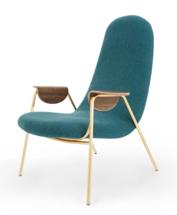 Armchair with sculptural wooden armrests.