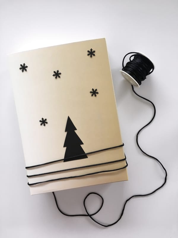 Gift wrapped in a reused box decorated with paper snowflake and a Christmas tree.