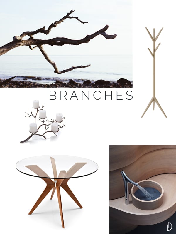 Moodboard of organic design objects inspired by branches.