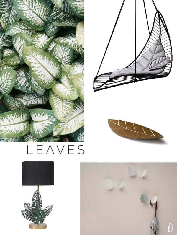 Moodboard of organic design objects inspired by leaves.