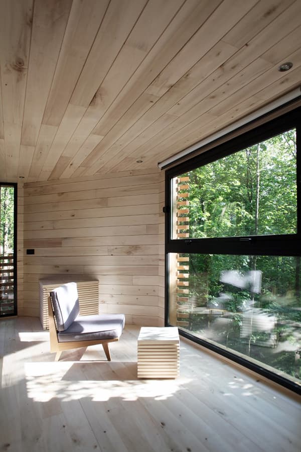 View of the living area looking into the forest.