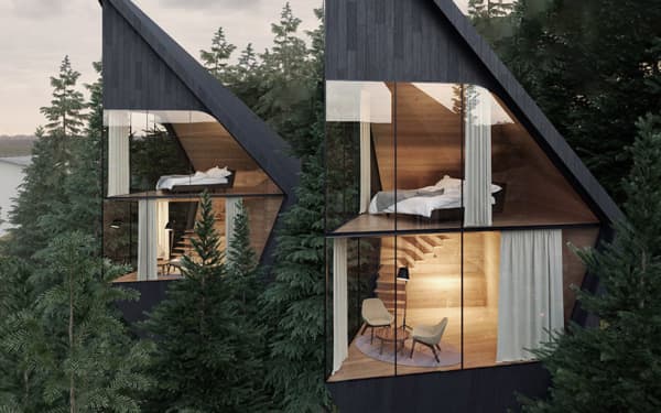 View of the indoor showing the natural materials used and the fully open front view; a perfect example og biophilic design.