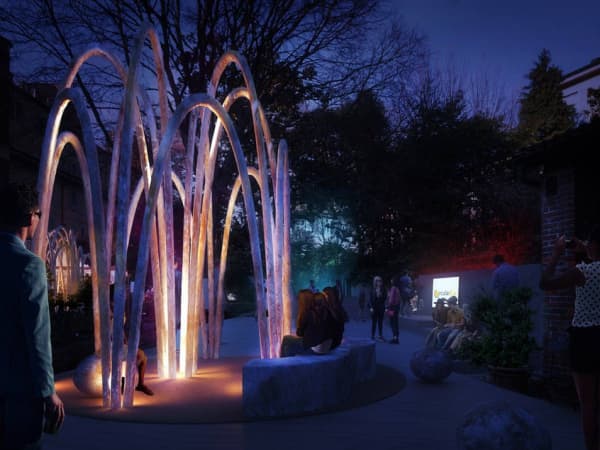 Rendering of the circular garden installation of Milan Design Week 2019.