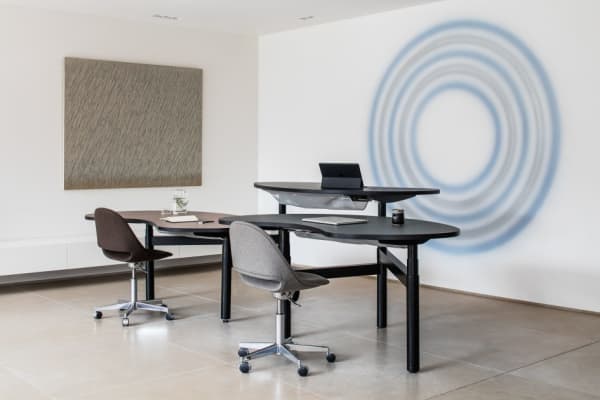 Organic-shaped desks with height adjustment.