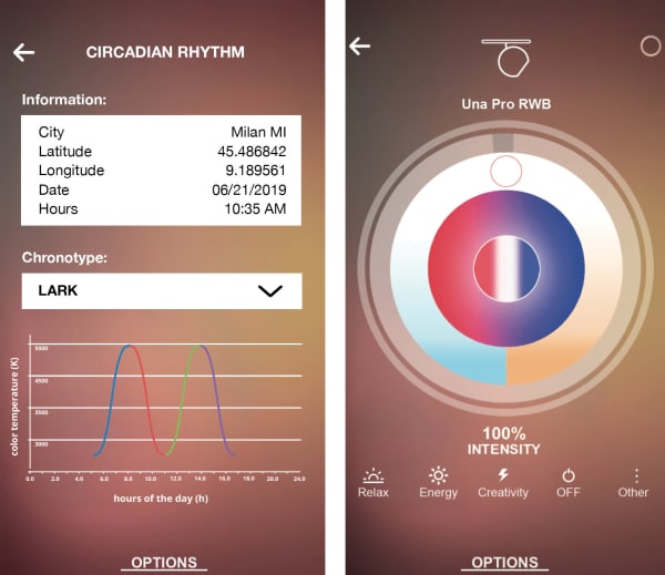 Screenshot of the Artemide App, that allows to adjust light to our circadian cycle.